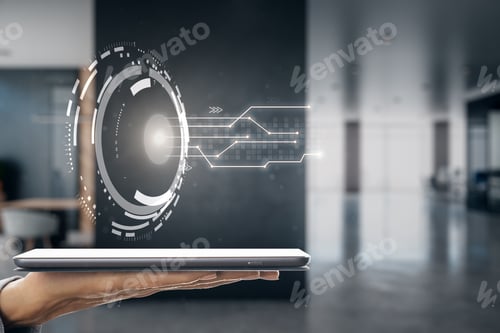 Preview: Hand Holding Digital Tablet With Creative Round Button On Office Interior Background. Future And