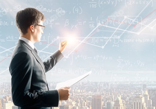 Preview: Side Portrait Of Handsome Young Businessman Writing Mathematical Formulas On Bright City