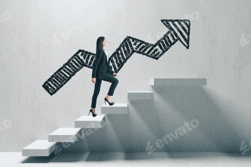 Preview: Side View Of Young Businesswoman With Arrow Climbing Concrete Stairs. Career Development And Growth