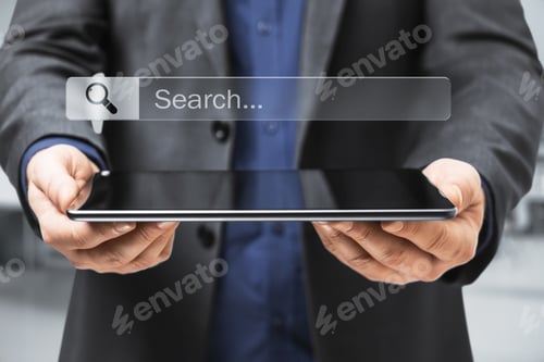 Preview: Searching Information Data On Internet Concept With Businessman With Digital Tablet In Hands And