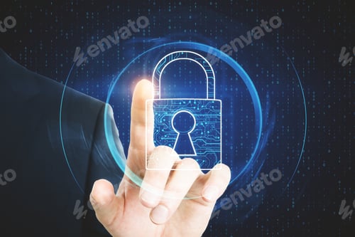 Preview: Hand Using Creative Glowing Digital Keypad On Blurry Background With Binary Code. Safety And