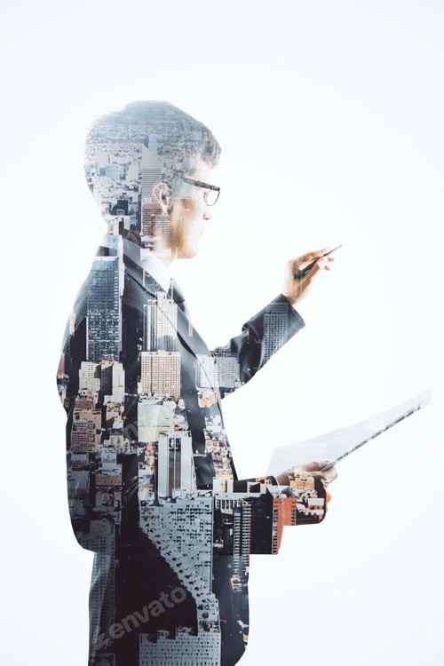 Preview: Double Explosure With Businessman In Eyeglasses And Megapolis City