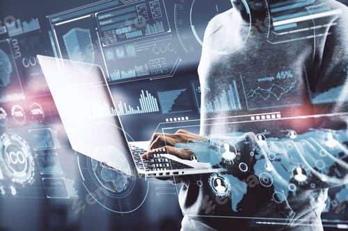 Preview: Hacker Using Laptop With Digital Antivirus Interface. Protection Concept. Double Exposure