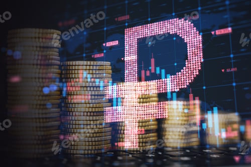 Preview: Abstract Glowing Falling Forex Chart With Dollar Sign On Dark Backdrop With Coin Stacks. Trade