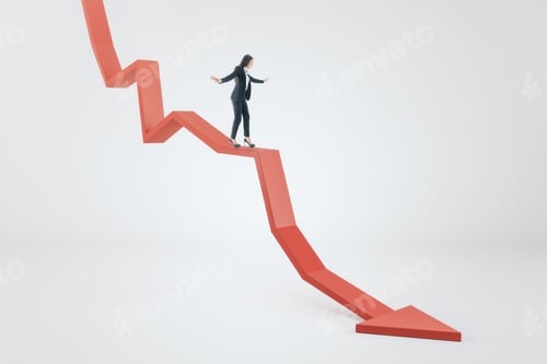 Preview: Young Businesswoman Balancing On Abstract Falling Red Arrow On Light Background With Mock Up Place