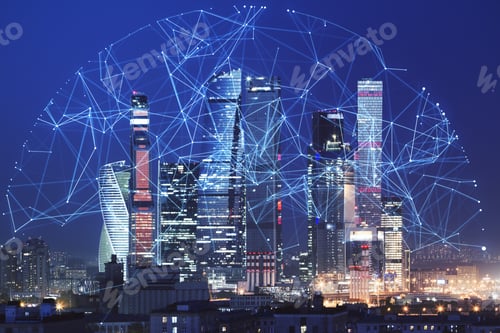 Preview: Information And Communication Technologies Network And Smart City Concept With Night Skyscrapers