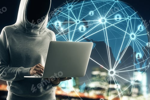 Preview: Hacker Using Laptop With Glowing Map Interface And Connections On Blurry Night City Background