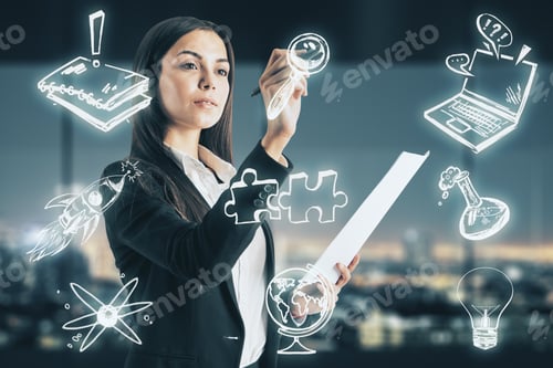 Preview: Success And Teamwork Concept. Attractive European Businesswoman Drawing Creative Glowing Sketch On