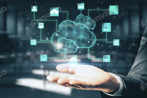 Preview: Cloud Computing Concept With Digital Screen With Glowing Cloud And Application Icons Above Man Hand