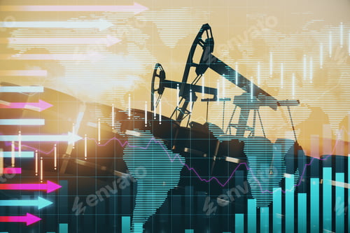 Preview: Creative Oil Mining And Growing Forex Chart Background At Sunset. Finance And Oil Market Concept