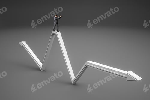 Preview: Businessman Standing On Abstract White Arrow And Looking Into The Distance On Gray Background