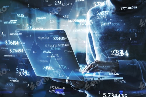 Preview: Side View Of Hacker Using Laptop With Abstract Big Data Interface On Blurry Background. Software