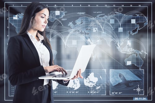 Preview: Interactive Global Network And Ai Concept. Portrait Of Attractive Young European Businesswoman With