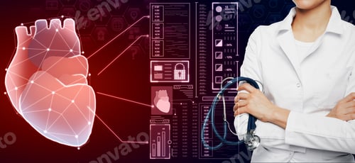 Preview: Female Doctor Using Creative Glowing Red Digital Heart Futuristic Interface Hologram On Dark