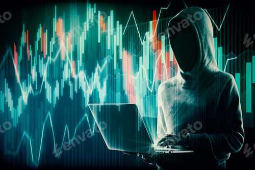Preview: Hacker Using Laptop With Glowing Forex Chart On Blurry Background. Hacking And Invest Concept