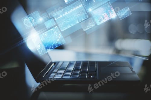 Preview: Close Up Of Laptop Computer With Abstract Business Interface Hologram And Blurry Bokeh Background