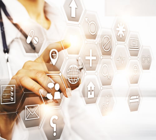 Preview: Side View Of Female Doctor'S Hand Pointing At Abstract Digital Icons. Diagnosis Concept