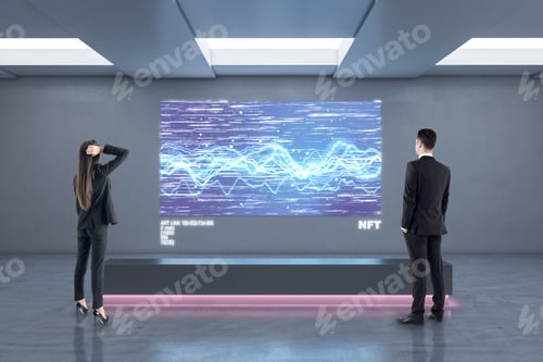 Preview: Businessman And Woman In Abstract Exhibition Center Looking At Glowing Polygonal Nft Hologram