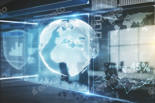 Preview: Modern Interior With Global Business Interface. Future And Analytics Concept. Double Exposure