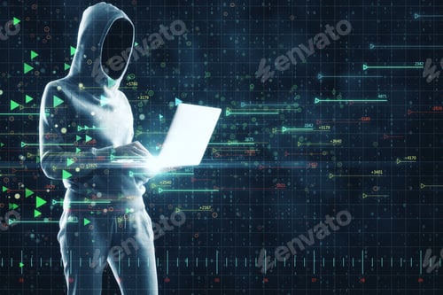 Preview: Hacker Using Laptop With Digital Arrows Interface On Dark Background. Hacking And Technology