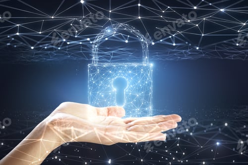 Preview: Hand Holding Creative Glowing Digital Padlock On Blue Background. Web Safety And Antivirus Concept