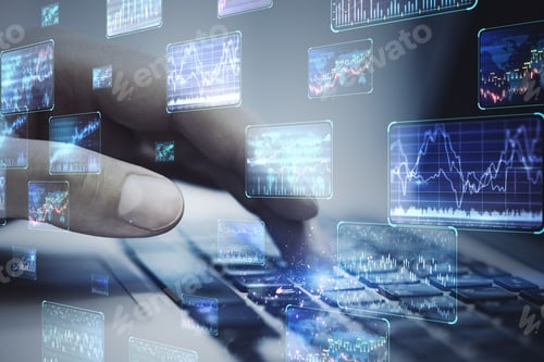 Preview: Close Up Of Hands Using Laptop Computer With Various Forex Screens On Blurry Background