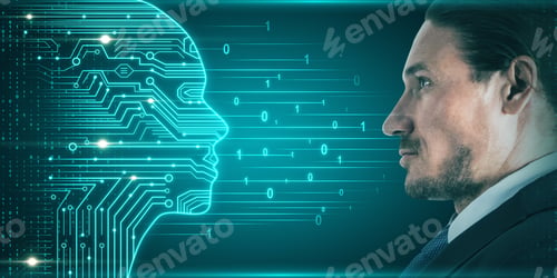Preview: Side Portrait Of Attractive Young European Businessman With Digital Head Outline, Circuit And