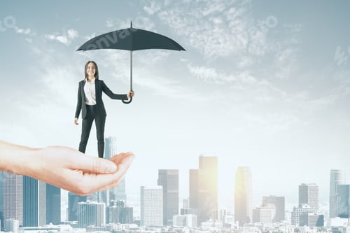 Preview: Hand Holding Businesswoman With Umbrella On Light City Background. Success And Protection Concept