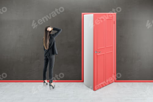Preview: Thoughtful European Businesswoman Looking At Creative Open Red Book Door In Concrete Interior