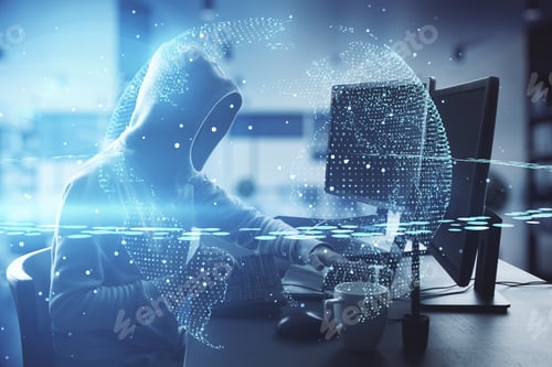 Preview: Cyber Security Innovation Concept With Digital Earth Planet On Hacker With Computers Background