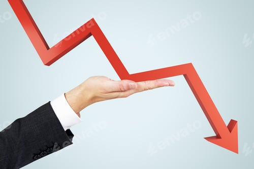 Preview: Crisis Insurance Concept With Man Hand Against Falling Down Red Arrow On Abstract Light Background