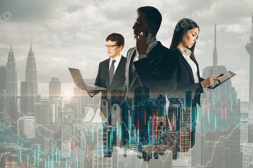 Preview: Businesspeople Talking On The Phone And Using Devices On Blurry City Background With Forex Chart