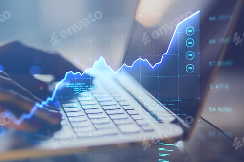Preview: Close Up Of Hands Using Laptop Keyboard With Abstract Glowing Business Chart Hologram On Blurry