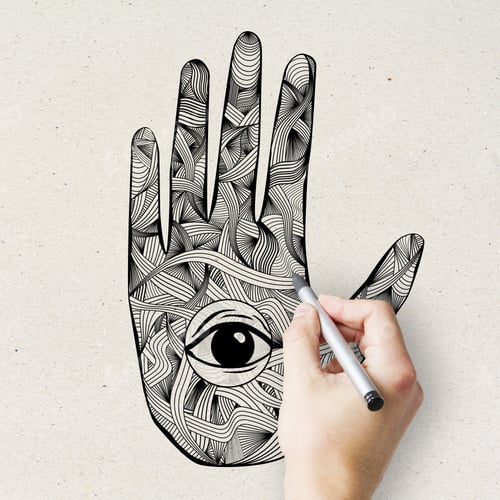 Preview: Esoteric Mandala Hand With Eye Drawing On Light Texture. Oriental Ornament And Hinduism Concept