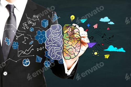 Preview: Businessman Hand Drawing Creative Colorful Brain Sketch On Wall Background. Brainstorm, Left And