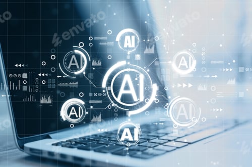 Preview: Close Up Of Laptop With Creative Ai Hologram On Blurry Background. Artificial Intelligence, Ai