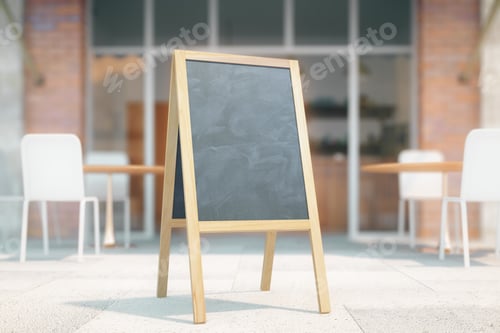 Preview: Blank Menu Stand On Cafe Exterior Background, Mock Up, 3D Render