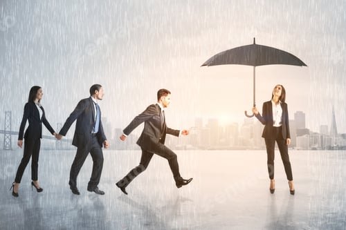 Preview: Business People Hiding From The Rain Under An Umbrella On City Background. Business Protection