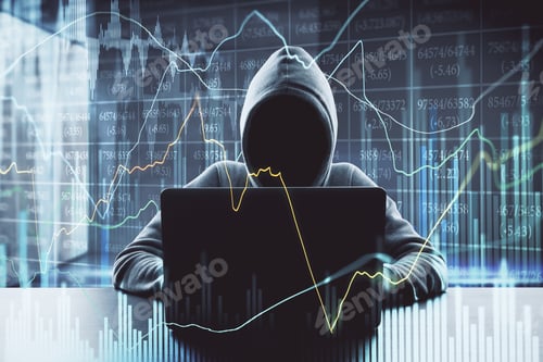 Preview: Hacker At Desktop Using Laptop With Forex Chart On Blurry Office Background. Malware And Finance