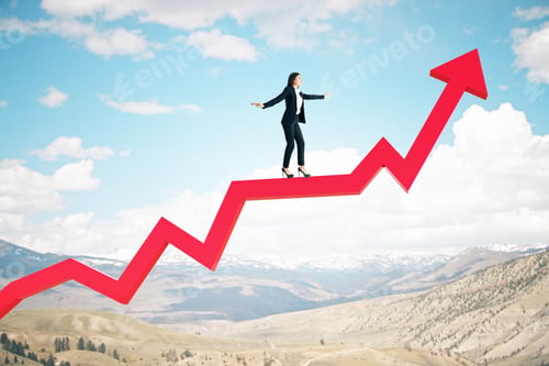 Preview: Businesswoman Walking On Stock Red Arrow On Mountain Landscape Background. Success And Startup