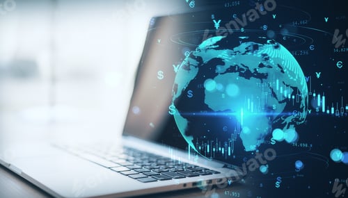 Preview: Close Up Of Notebook With Glowing Money Transfer Globe On Blurry Background. Currency And Stock