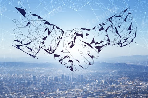 Preview: Abstract Polygonal Handshake On Blurry City Background. Ai And Teamwork Concept. Multiexposure
