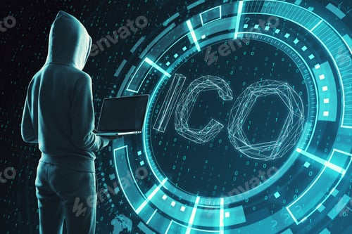 Preview: Hacker With Laptop Standing On Creative Glowing Ico Background. Initial Coin Offering Concept.