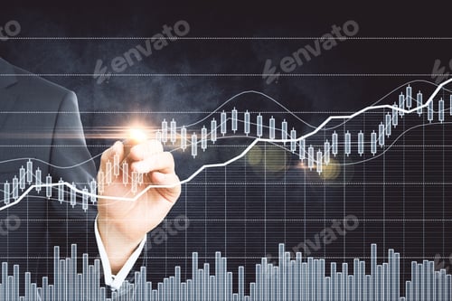 Preview: Close Up Of Businessman Hand Drawing Abstract Forex Chart On Glowing Dark Background. Trade