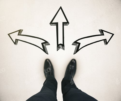 Preview: Different Direction Concept With Businessman Feet And Arrow Sketches On Light Ground