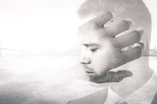 Preview: Portrait Of Young Businessman With Hand On Abstract Light Background With Copy Space. Double