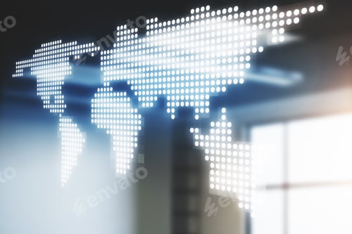 Preview: Digital Map On Blurry Interior Backdrop. Global Business Concept. Double Exposure