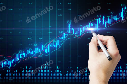Preview: Man Hand Analyses Financial Graphs On Digital Screen With Stock Market Chart. Double Exposure