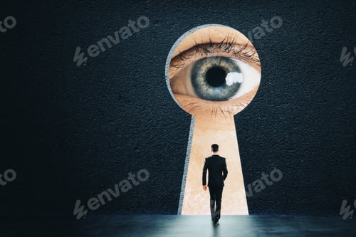 Preview: Abstract Keyhole Opening With Businessman Eye On Concrete Wall Background. Access And Vision Concept
