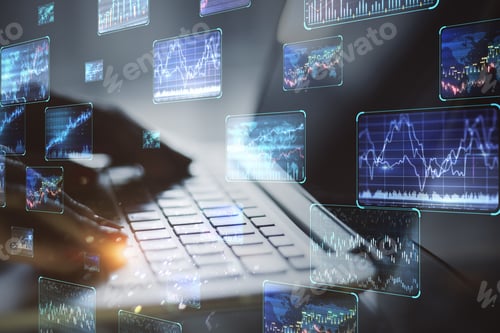 Preview: Close Up Of Hands Using Laptop With Various Forex Screens On Blurry Background. Cryptocurrency